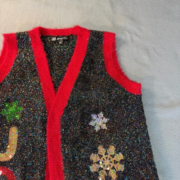 Christmas Sweater Ugly Festive Cardigan Tinsel Knit Vest L Grandmacore Xmas - Picture 4 of 10